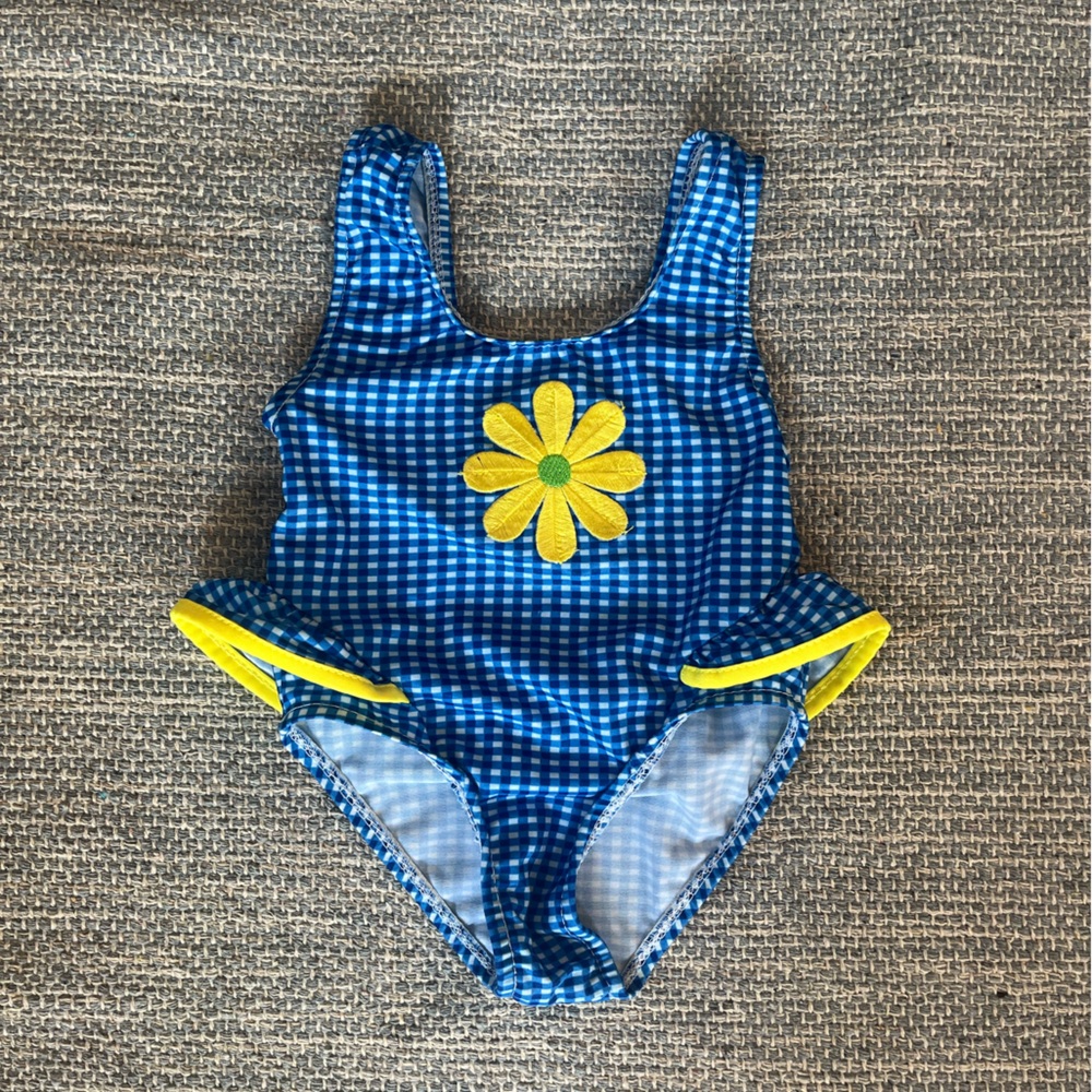Vintage Blue Gingham Baby Swimwear Bathing Suit Yellow Flower Embroidered